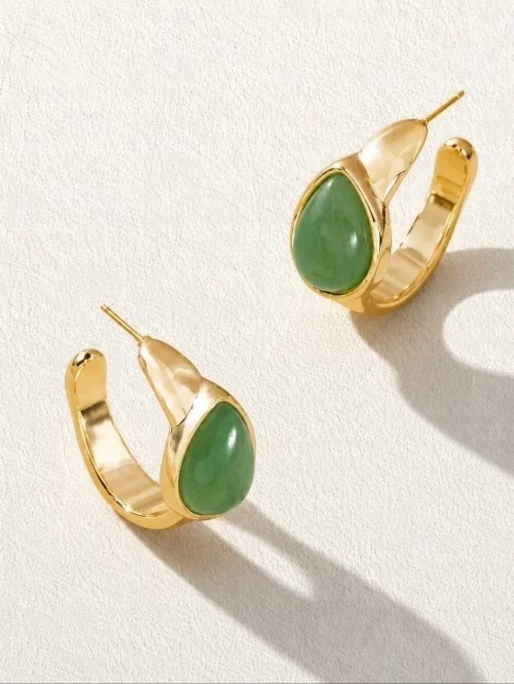 Gold Hoop Earrings with Green Teardrop Stone
